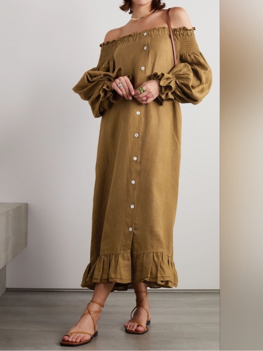 SLEEPER Romantica Off-The-Shoulder Organic Linen Midi Dress OS One Size